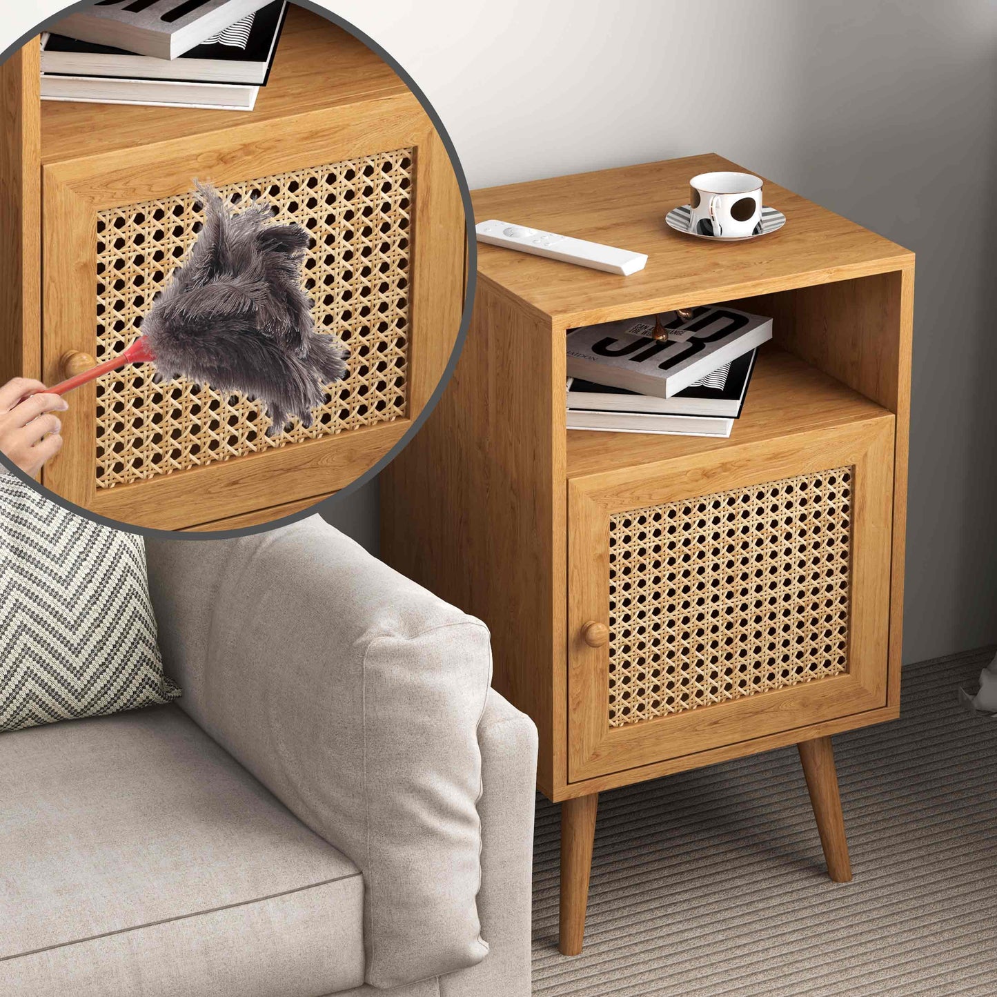 2Pcs Rattan Nightstand Set, Boho Side Table with Handmade Rattan Decorated Drawer, Natural