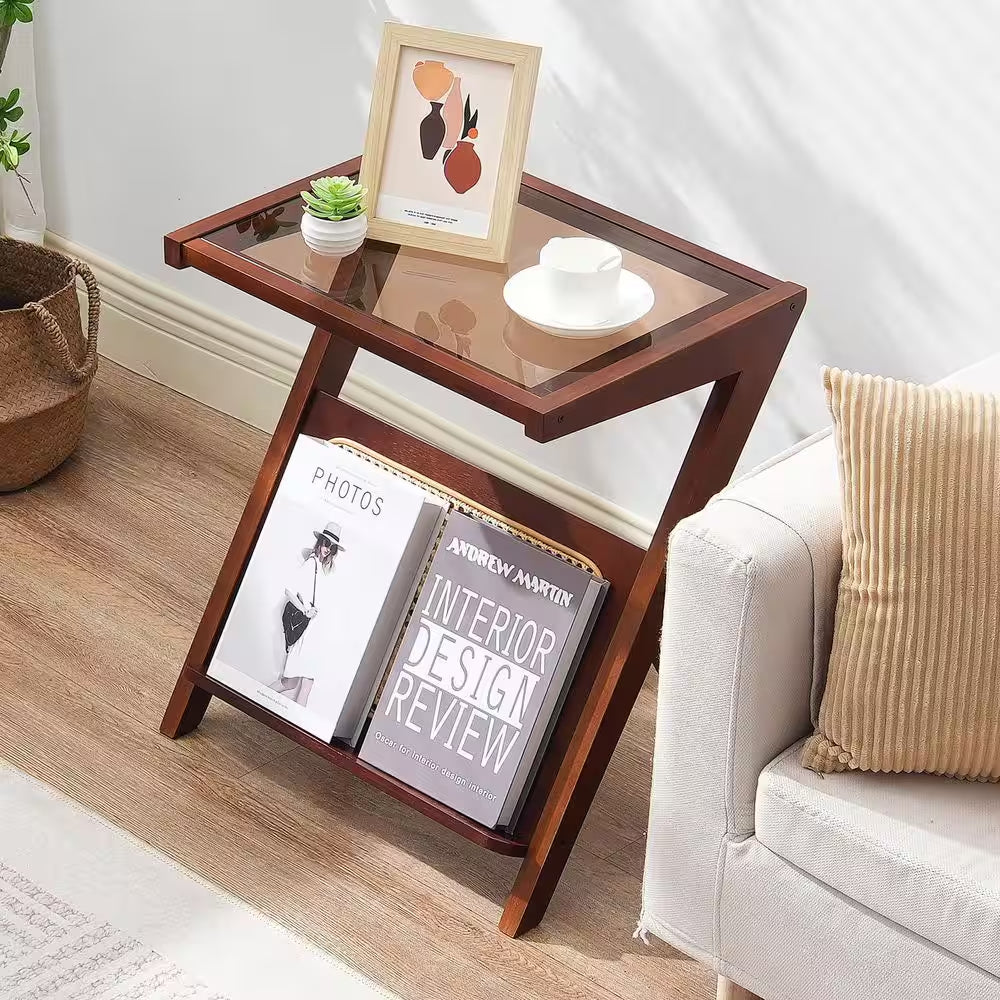 Rattan Coffee Table, Z-Shaped Rattan Woven Bamboo Coffee Table with Tempered Glass Top, 20 In. Storage Coffee Table