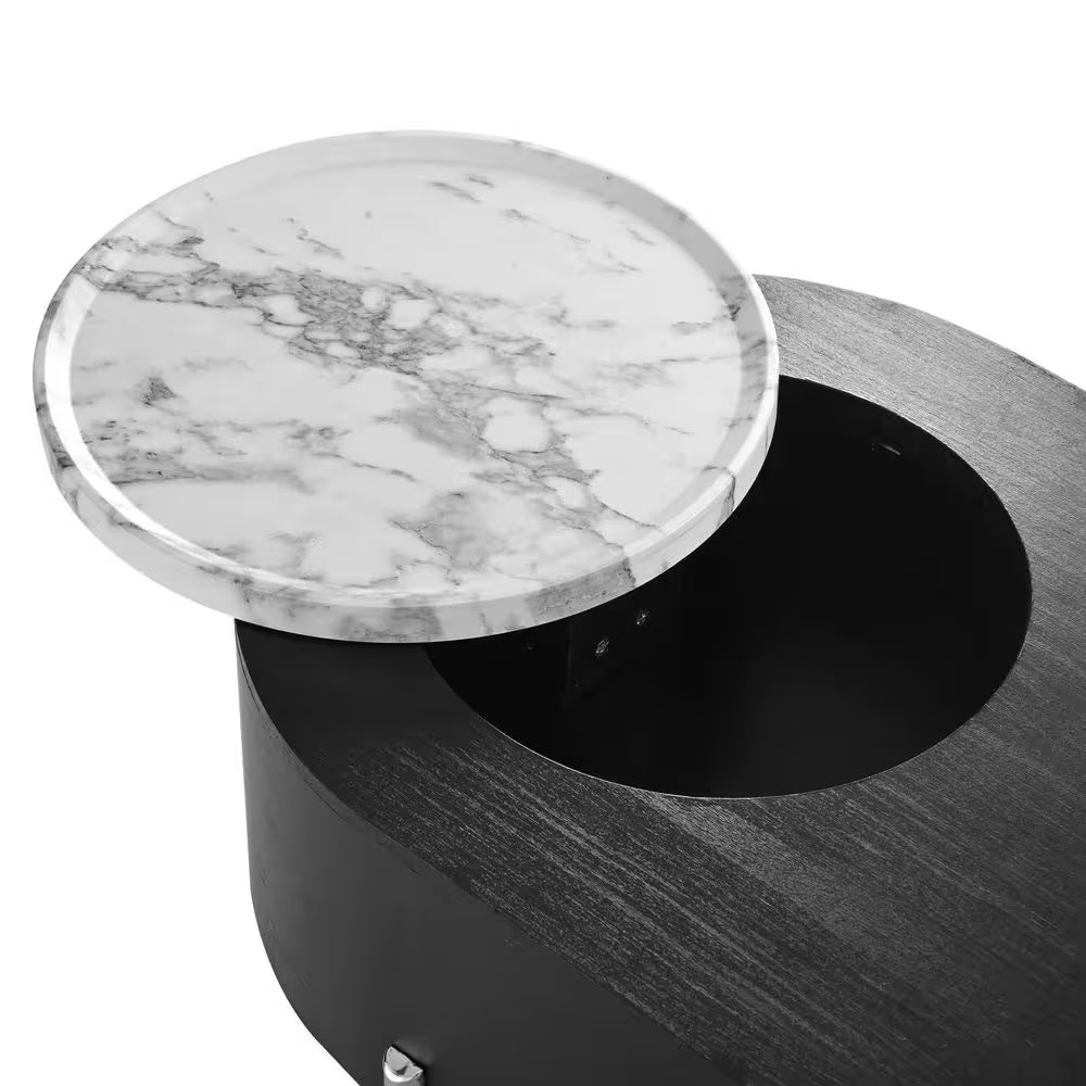 47.2 In. Black Oval MDF Coffee Table with Lift Top, 360° Marble-Patterned Rotating Tray and 3-Drawers