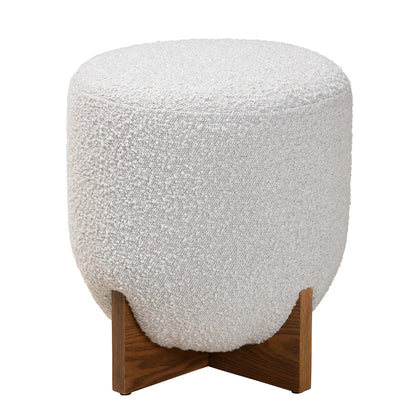 Fisk Japandi Light Grey Boucle Fabric and Walnut Brown Finished Wood Ottoman Footstool