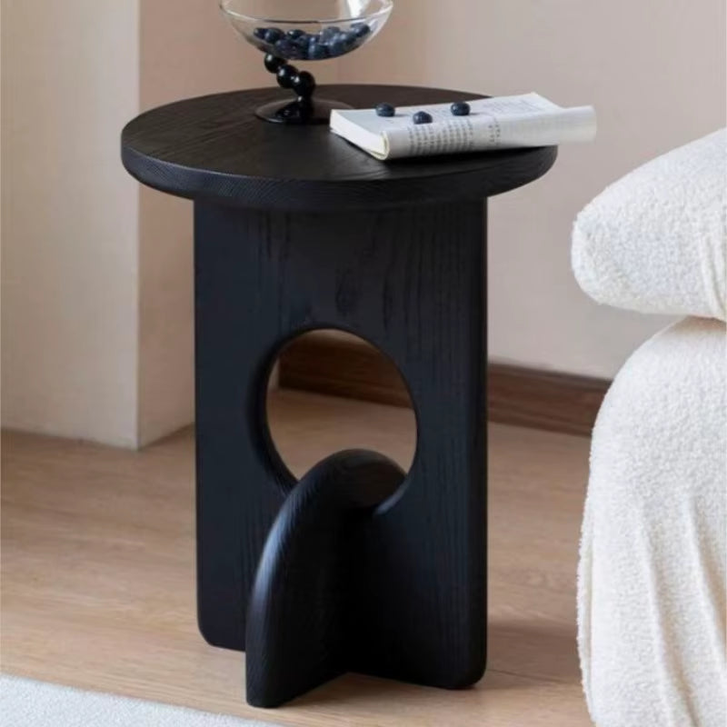 Simple Style Solid Wood Material Carbonized Black round Side Table Can Be Used for Balcony Coffee Table Simple Sofa Side Table