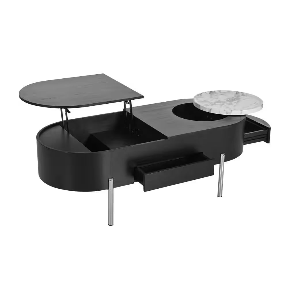 47.2 In. Black Oval MDF Coffee Table with Lift Top, 360° Marble-Patterned Rotating Tray and 3-Drawers