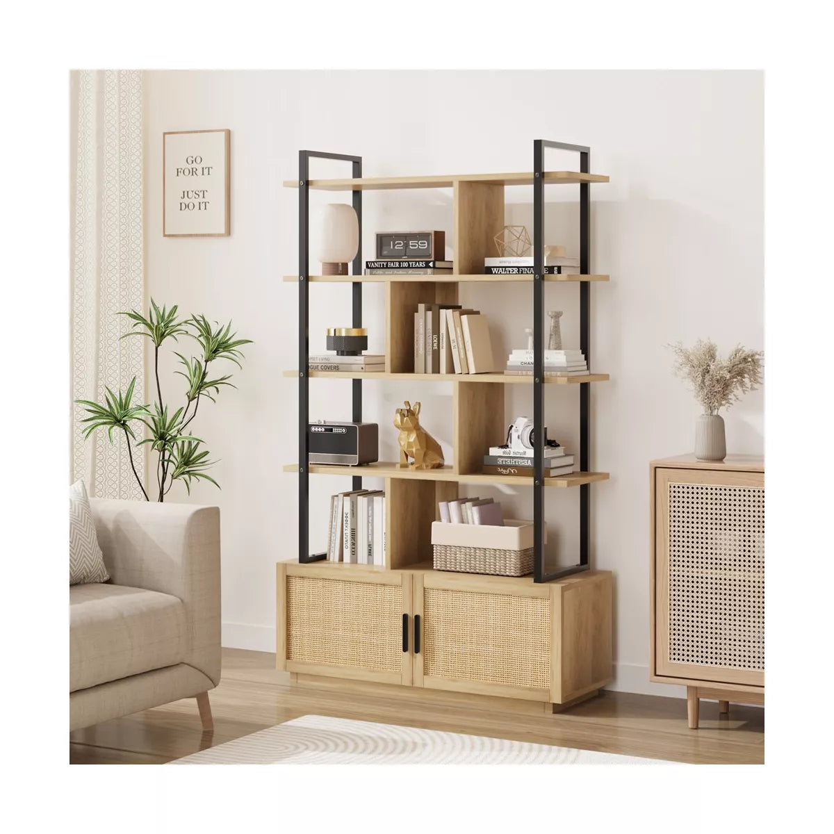 5 Tier Rattan Bookshelf with Storage Cabinet & Door, 71.1 Inch Tall Industrial Book Shelf,5 Shelf Bookcase with Metal Frame