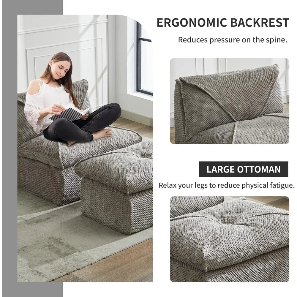 Oversized Bean Bag Sofa Chair with Ottoman for Adults and Teens, Lazy Sofa Chair with Back Support and New Foam Filled for Livin