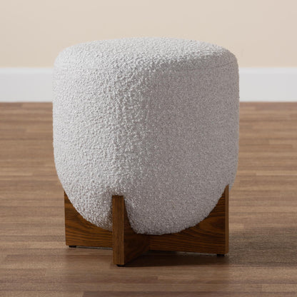 Fisk Japandi Light Grey Boucle Fabric and Walnut Brown Finished Wood Ottoman Footstool