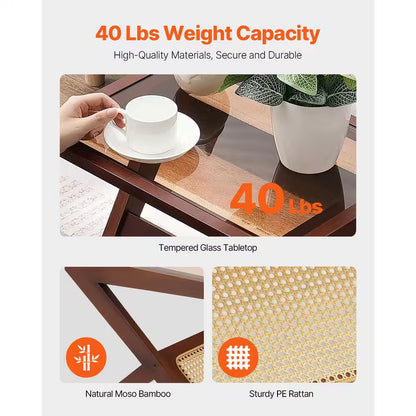 Rattan Coffee Table, Z-Shaped Rattan Woven Bamboo Coffee Table with Tempered Glass Top, 20 In. Storage Coffee Table