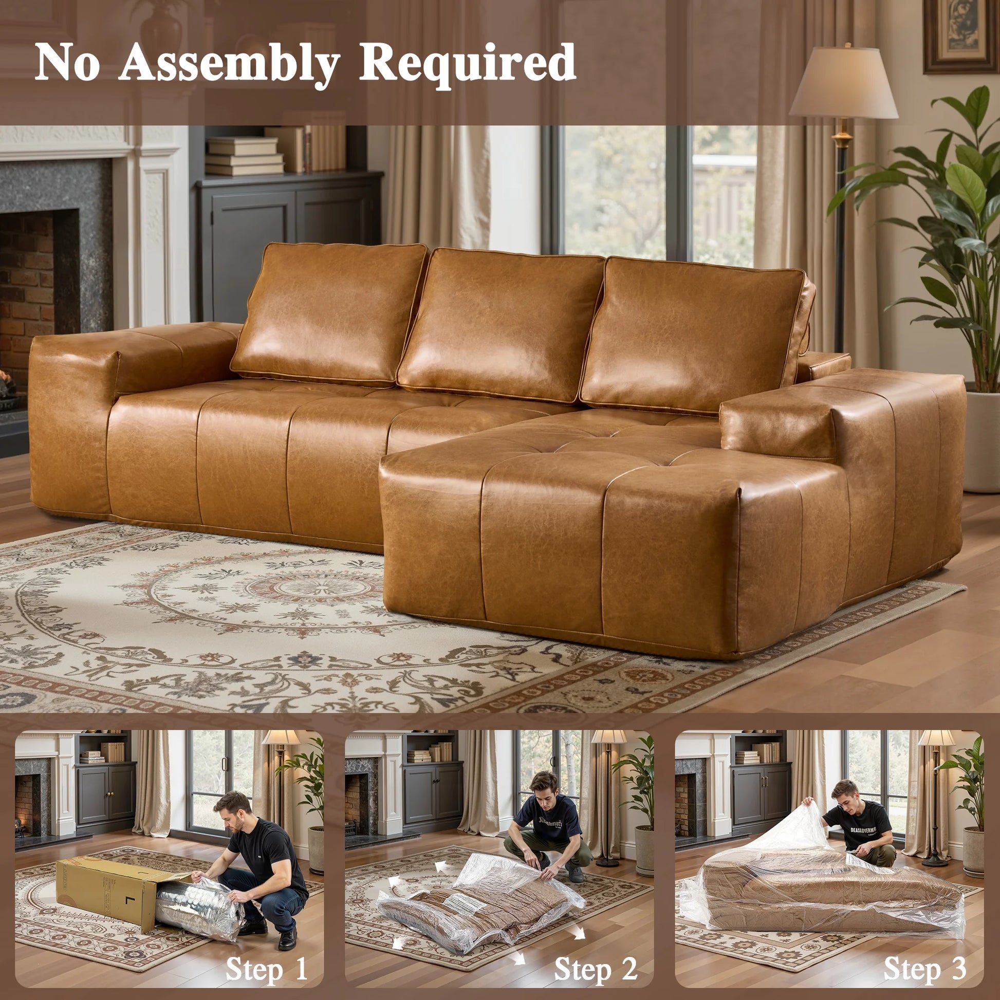 114" Modular Sectional Sofa L-Shaped Faux Leather Couch with Chaise Extra Deep Seat Cloud Sofa for Living Room No Assembly Brown