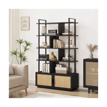 5 Tier Rattan Bookshelf with Storage Cabinet & Door, 71.1 Inch Tall Industrial Book Shelf,5 Shelf Bookcase with Metal Frame