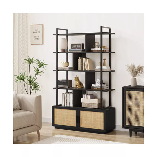 5 Tier Rattan Bookshelf with Storage Cabinet & Door, 71.1 Inch Tall Industrial Book Shelf,5 Shelf Bookcase with Metal Frame