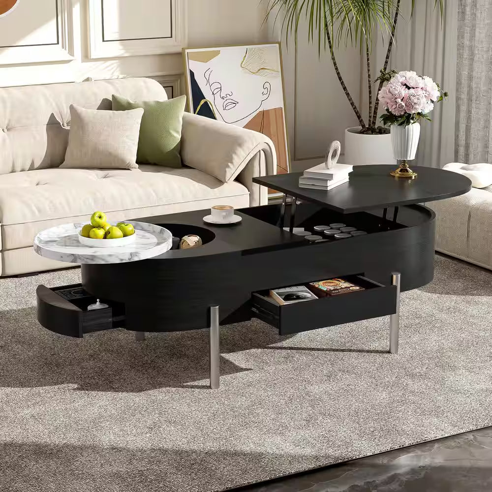 47.2 In. Black Oval MDF Coffee Table with Lift Top, 360° Marble-Patterned Rotating Tray and 3-Drawers