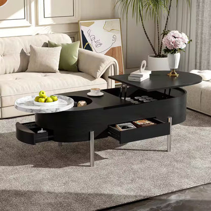 47.2 In. Black Oval MDF Coffee Table with Lift Top, 360° Marble-Patterned Rotating Tray and 3-Drawers