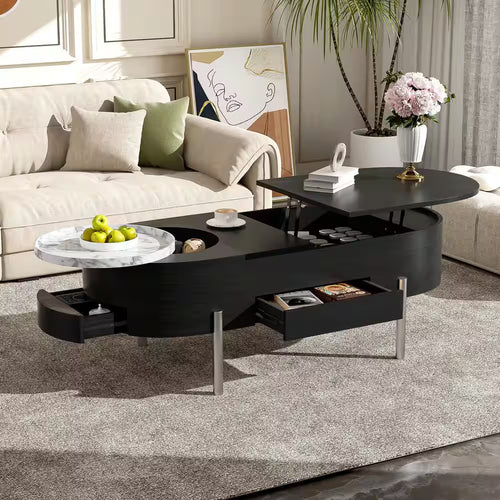 47.2 In. Black Oval MDF Coffee Table with Lift Top, 360° Marble-Patterned Rotating Tray and 3-Drawers