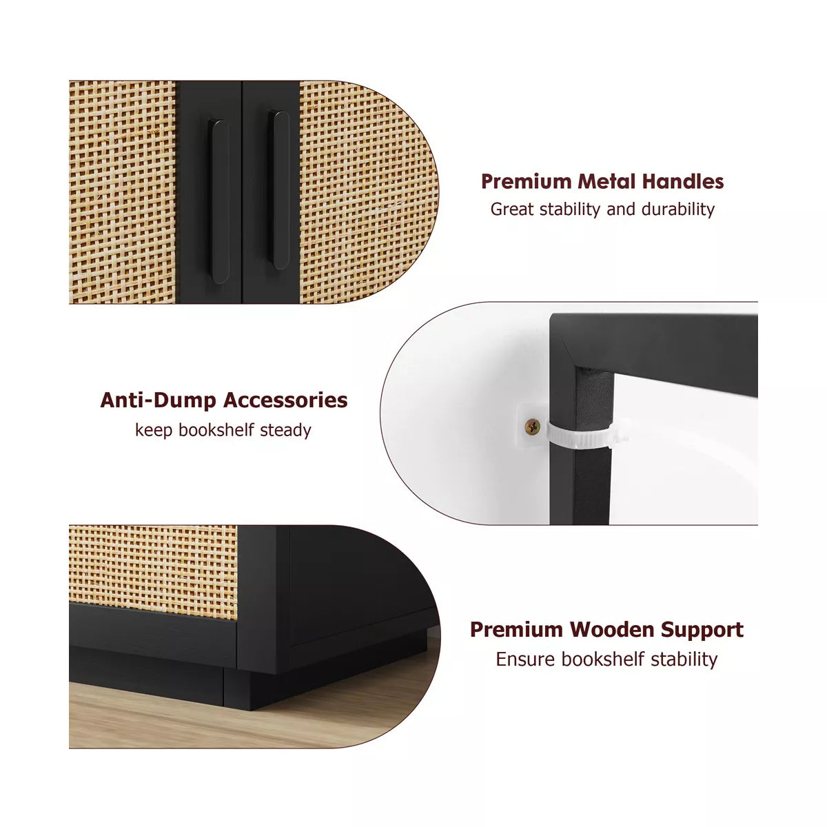 5 Tier Rattan Bookshelf with Storage Cabinet & Door, 71.1 Inch Tall Industrial Book Shelf,5 Shelf Bookcase with Metal Frame