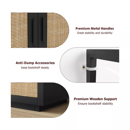 5 Tier Rattan Bookshelf with Storage Cabinet & Door, 71.1 Inch Tall Industrial Book Shelf,5 Shelf Bookcase with Metal Frame