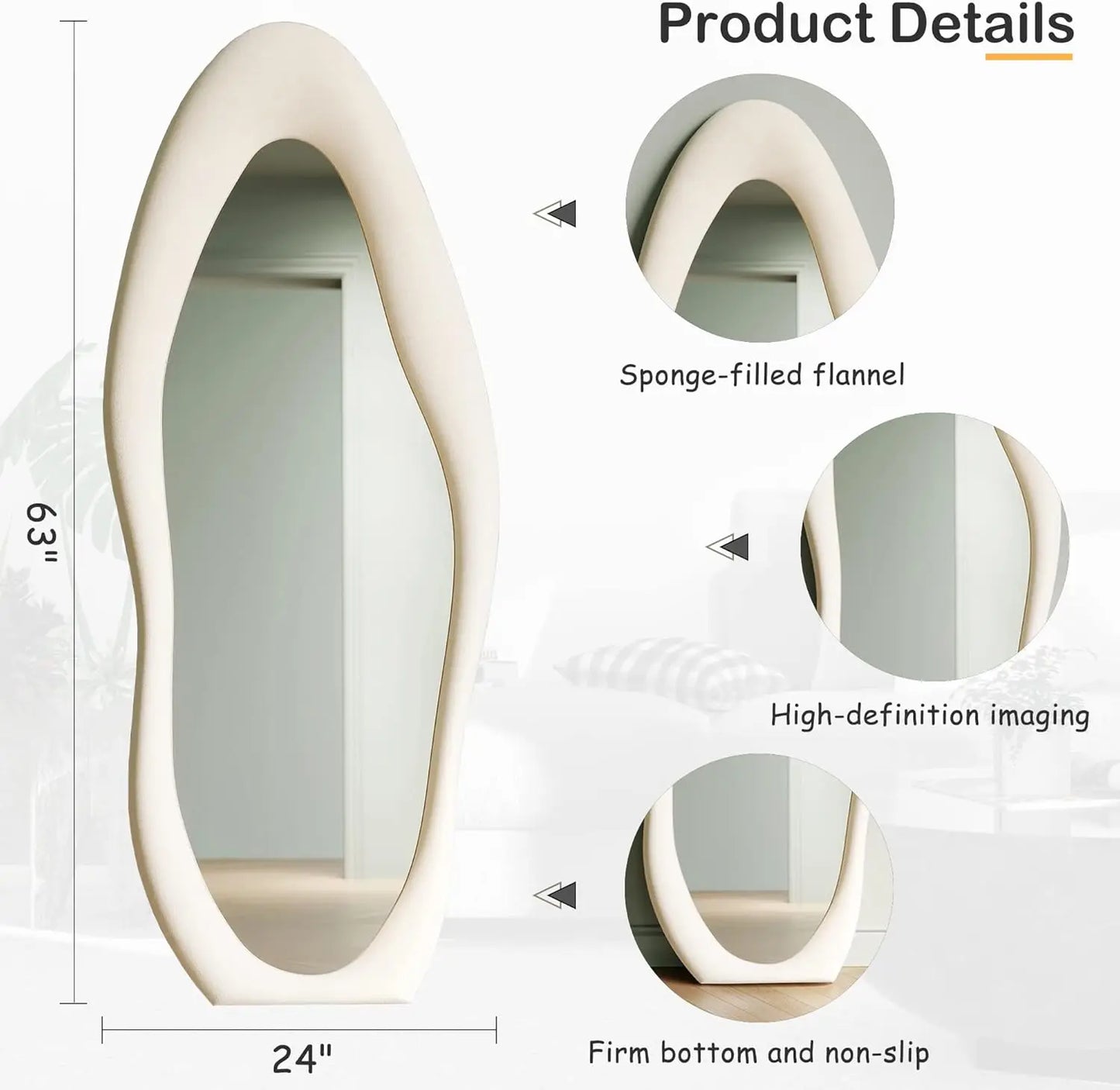 63" x 24" Wall Mirror, Flannel Wrapped Wooden Frame Full Body Mirror, Irregular Wavy Mirror Hanging or Leaning Against Wall