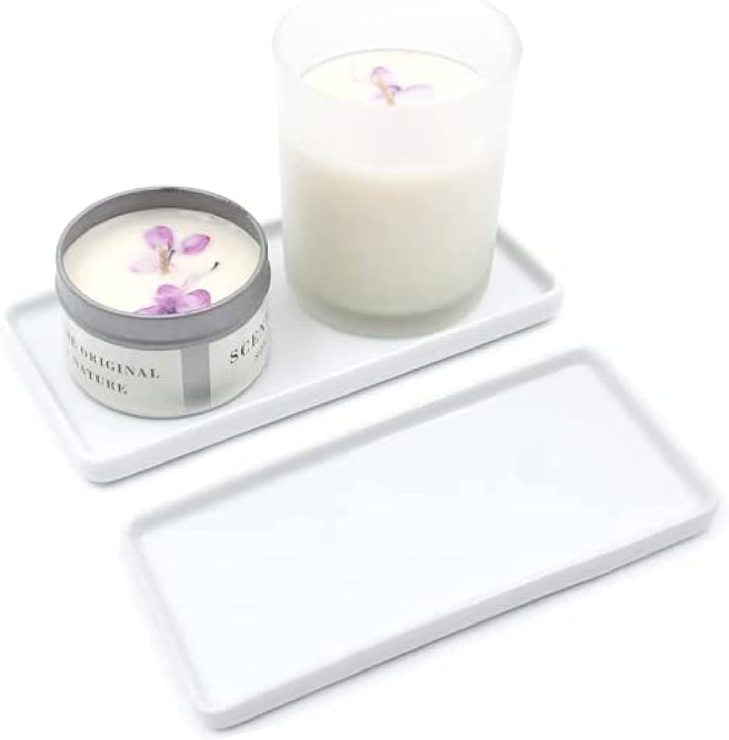 Ceramic Rectangular Vanity Tray Set - White Marble Organizer for Soap, Jewelry, Perfume, and Towels - Ideal for Bathroom, Kitchen, Sink, and Restroom Decor (Small, 2 Pack)