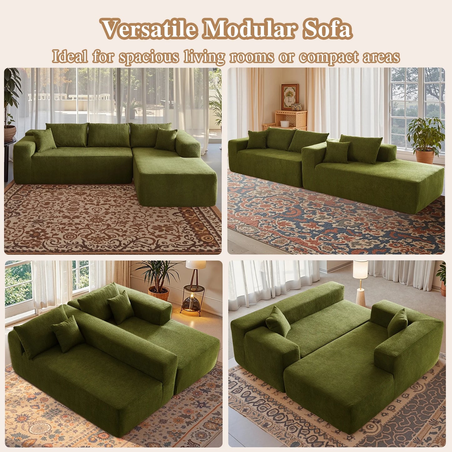 106" L-Shaped Sectional Sofa Modern Modular Cloud Couch with Deep Seating Upholstered Sofa for Living Room Bedroom, No Assembly Required, Green(Sherpa)