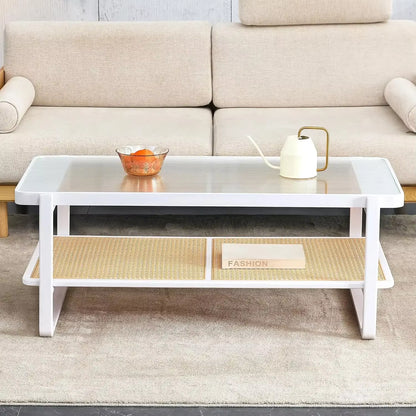 Wood Coffee Table for Living Room,Glass Top Coffee Table with Imitation Rattan Storage Shelf