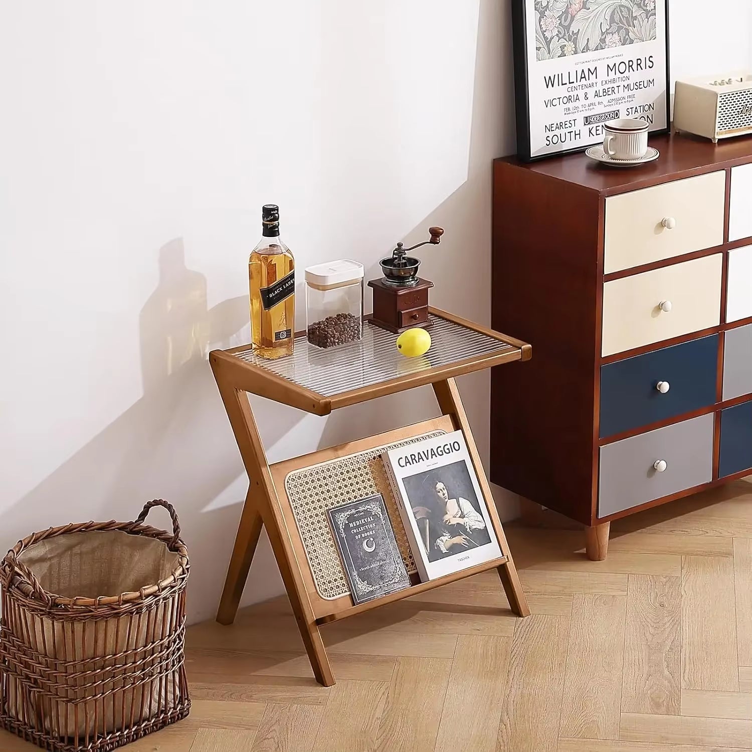 Rattan Side Table, Mid Century Nightstand, Bamboo Accent Bedside Tables, Glass Coffee Tables, Boho Wooden End Table With