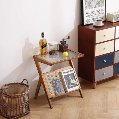 Rattan Side Table, Mid Century Nightstand, Bamboo Accent Bedside Tables, Glass Coffee Tables, Boho Wooden End Table With