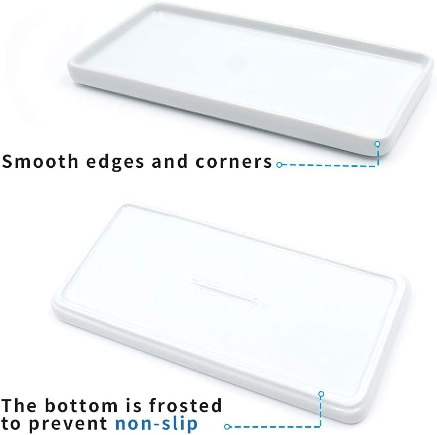 Ceramic Rectangular Vanity Tray Set - White Marble Organizer for Soap, Jewelry, Perfume, and Towels - Ideal for Bathroom, Kitchen, Sink, and Restroom Decor (Small, 2 Pack)