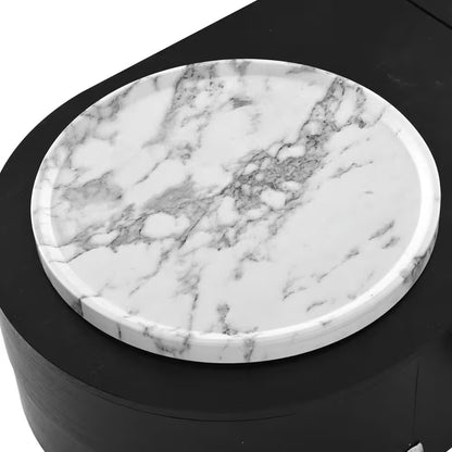 47.2 In. Black Oval MDF Coffee Table with Lift Top, 360° Marble-Patterned Rotating Tray and 3-Drawers