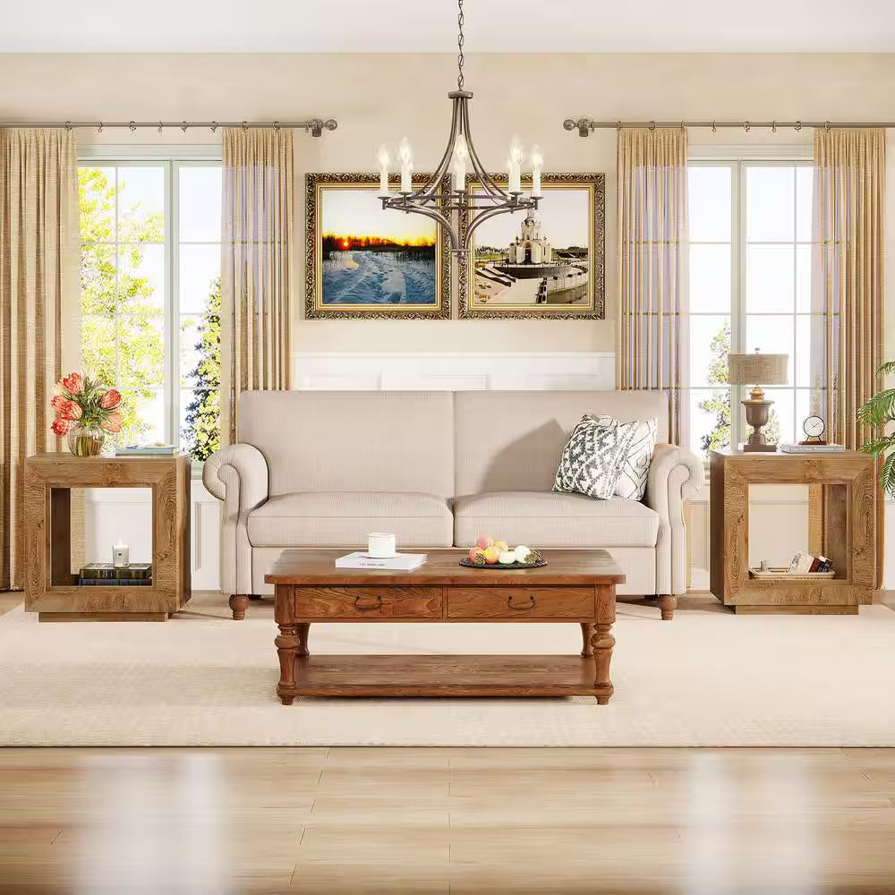 Kerlin 2-Piece 23.62 In. Brown Grain Rectangular Wood End Table, Farmhouse 2-Tiered Side Table for Living Room, Entrance