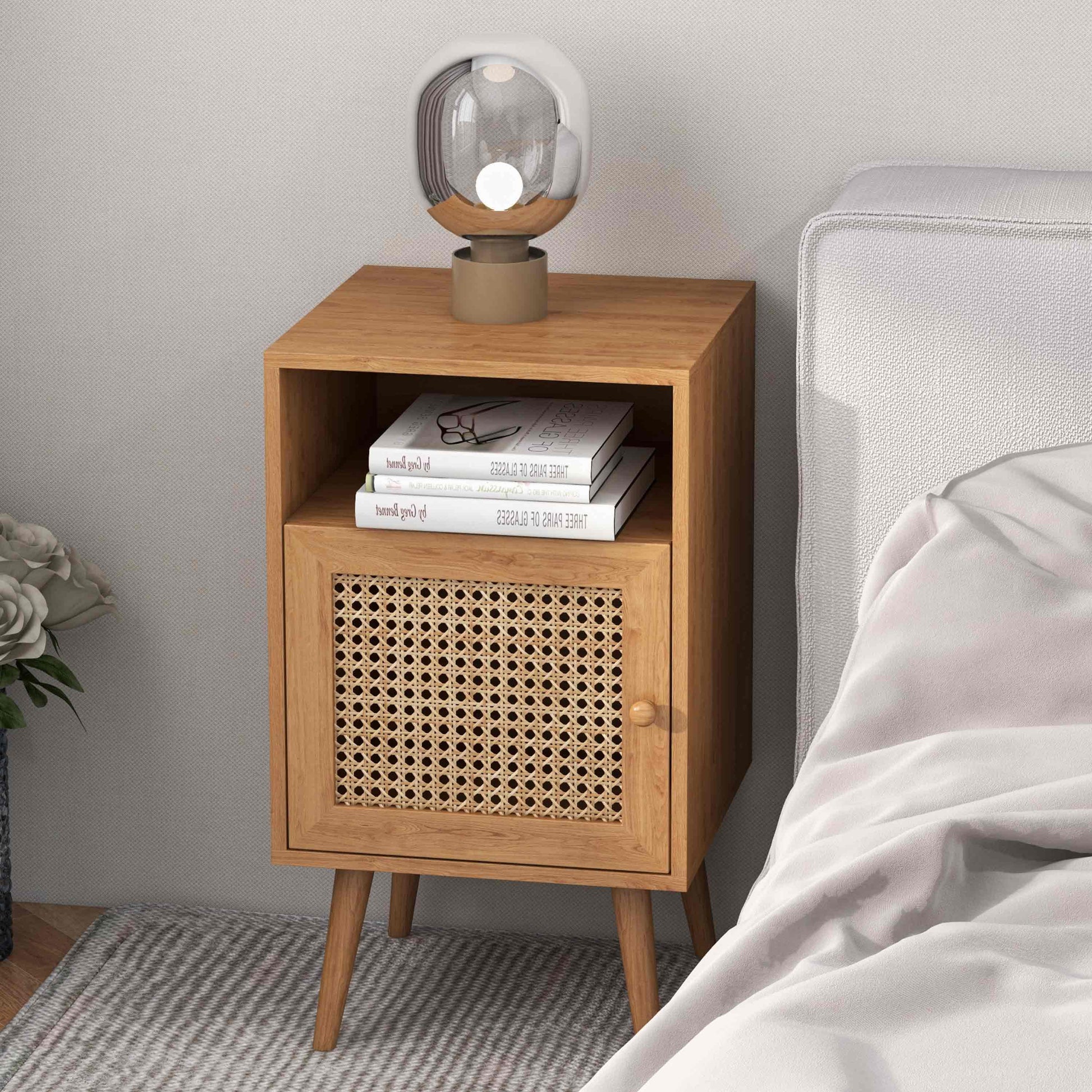 2Pcs Rattan Nightstand Set, Boho Side Table with Handmade Rattan Decorated Drawer, Natural