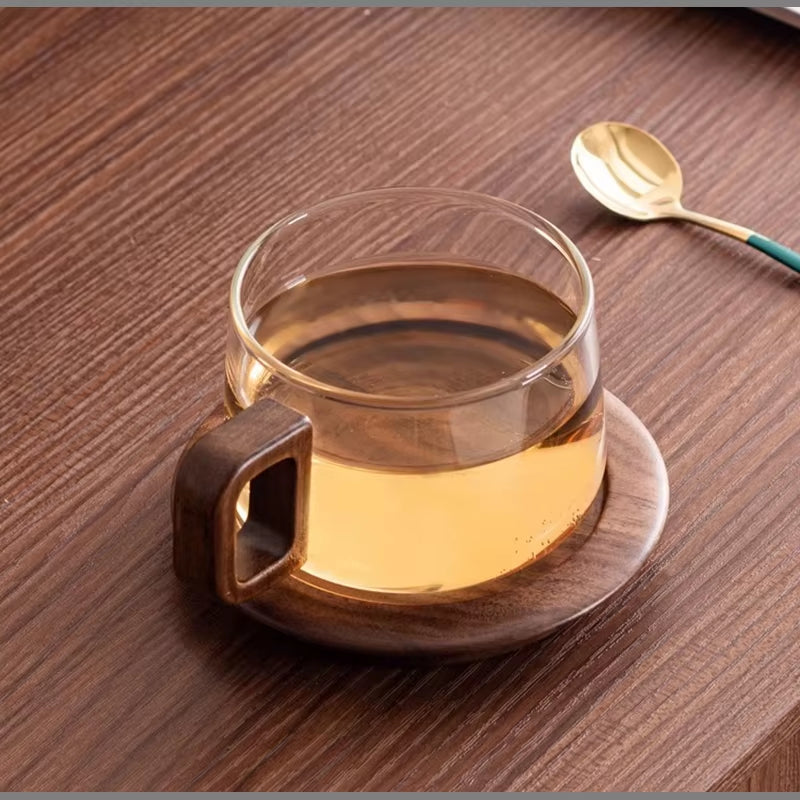 European Style Glass Coffee Cup Saucer Transparent Glass Mug Exquisite Afternoon Camellia Tea Coffee Mug Home Breakfast Milk Cup