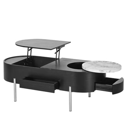 47.2 In. Black Oval MDF Coffee Table with Lift Top, 360° Marble-Patterned Rotating Tray and 3-Drawers