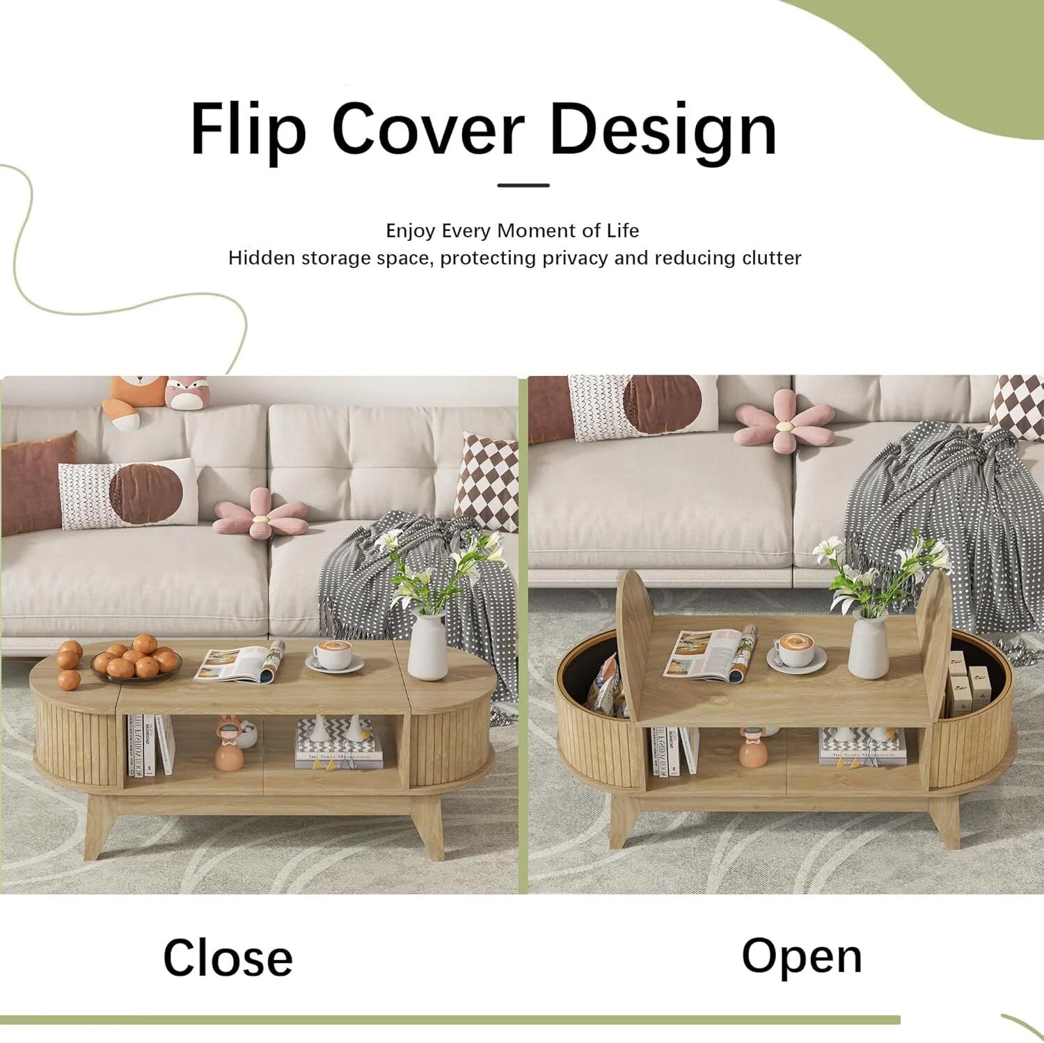 Fluted Coffee Table with Storage, Modern Coffee Tables, Wood Accent Center Table