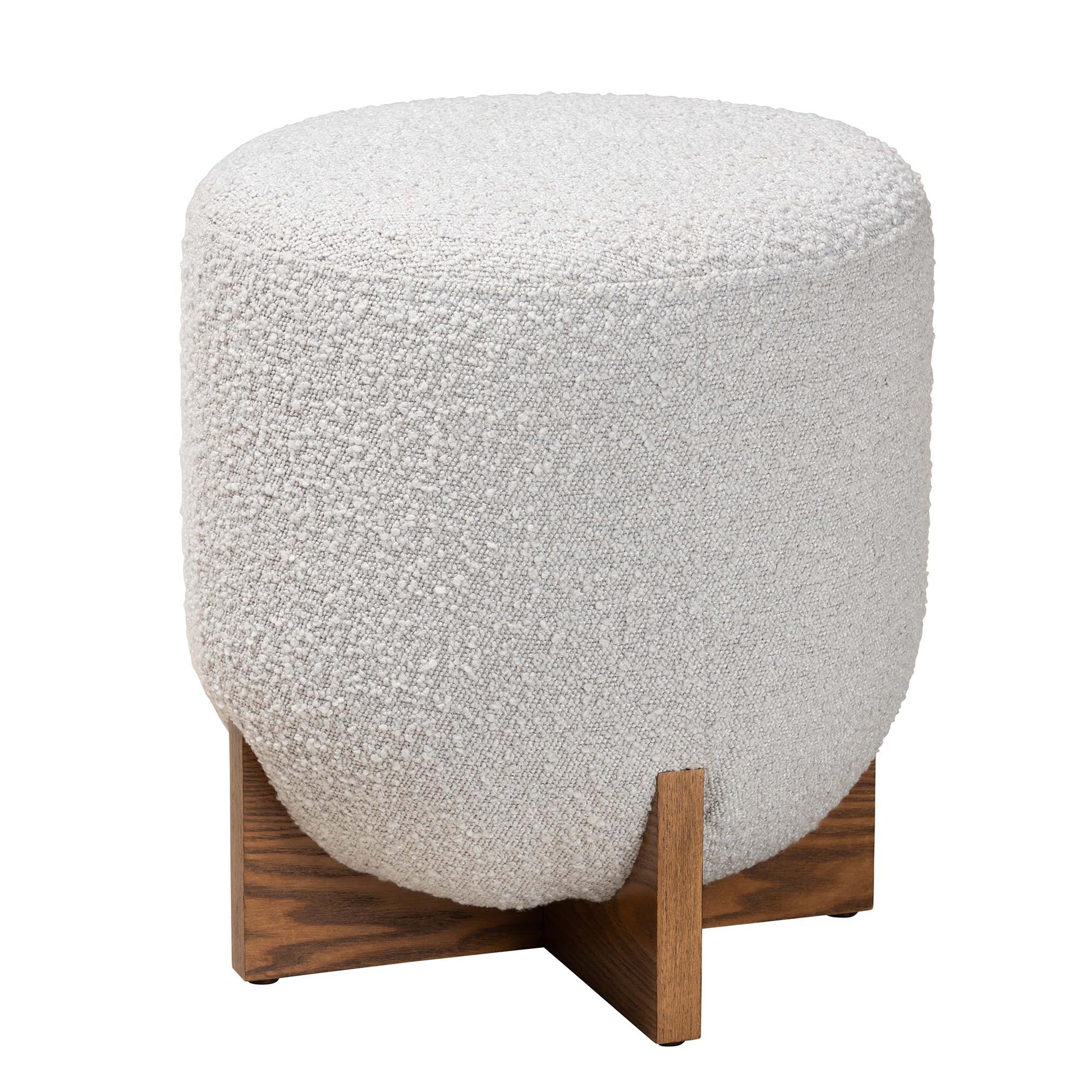 Fisk Japandi Light Grey Boucle Fabric and Walnut Brown Finished Wood Ottoman Footstool