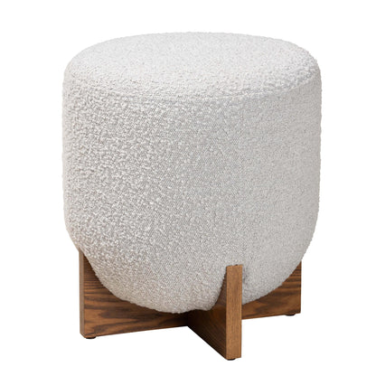 Fisk Japandi Light Grey Boucle Fabric and Walnut Brown Finished Wood Ottoman Footstool