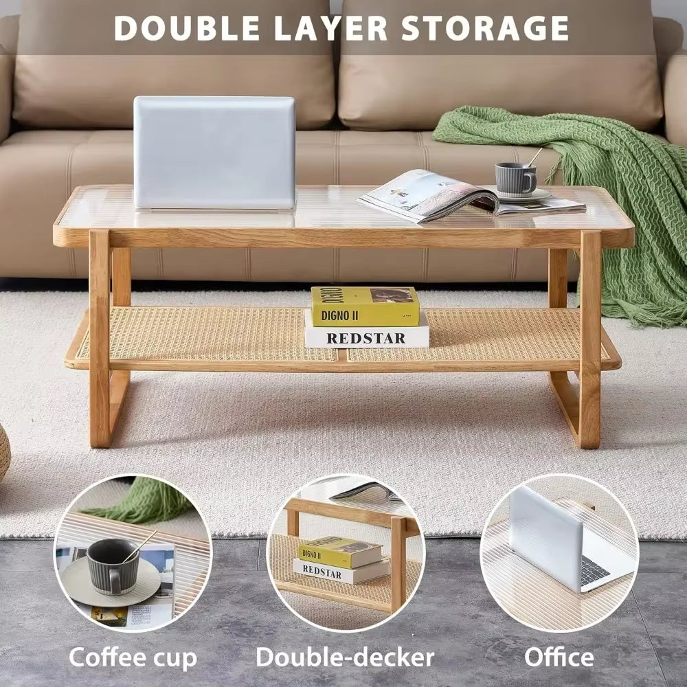 Wood Coffee Table for Living Room,Glass Top Coffee Table with Imitation Rattan Storage Shelf