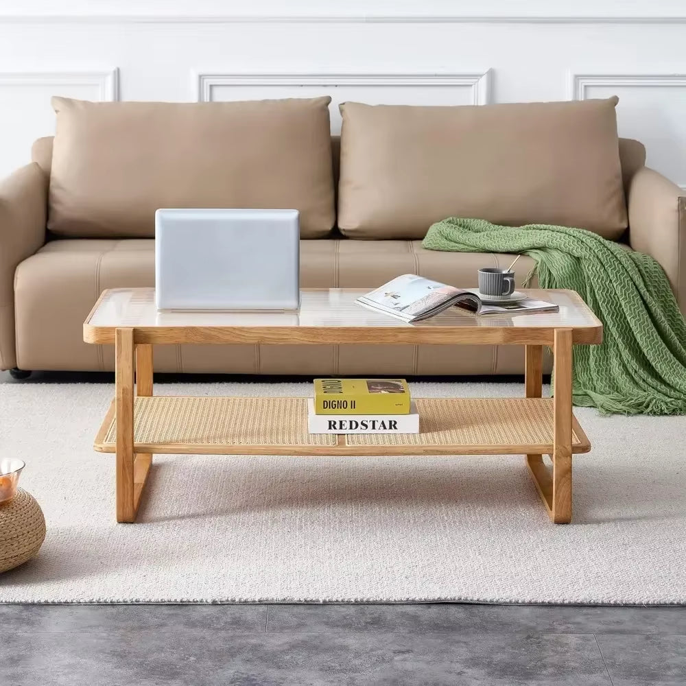 Wood Coffee Table for Living Room,Glass Top Coffee Table with Imitation Rattan Storage Shelf