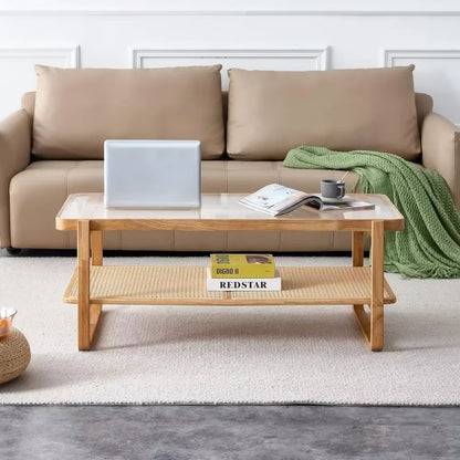 Wood Coffee Table for Living Room,Glass Top Coffee Table with Imitation Rattan Storage Shelf