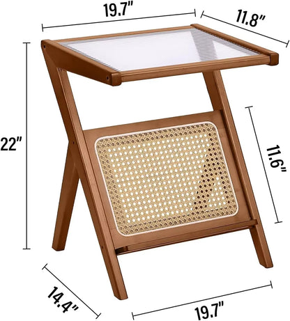 Rattan Side Table, Mid Century Nightstand, Bamboo Accent Bedside Tables, Glass Coffee Tables, Boho Wooden End Table With