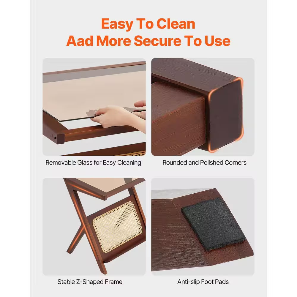 Rattan Coffee Table, Z-Shaped Rattan Woven Bamboo Coffee Table with Tempered Glass Top, 20 In. Storage Coffee Table