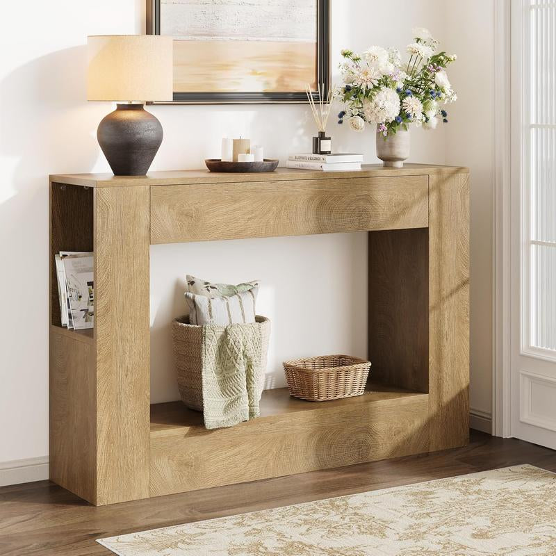 Vividwood Console Table with Drawer, Farmhouse Wood Entryway Table with Storage Shelves, 47'' Sofa Table behind Couch for Living Room, Hallway, Foyer