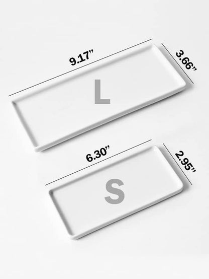 Ceramic Rectangular Vanity Tray Set - White Marble Organizer for Soap, Jewelry, Perfume, and Towels - Ideal for Bathroom, Kitchen, Sink, and Restroom Decor (Small, 2 Pack)