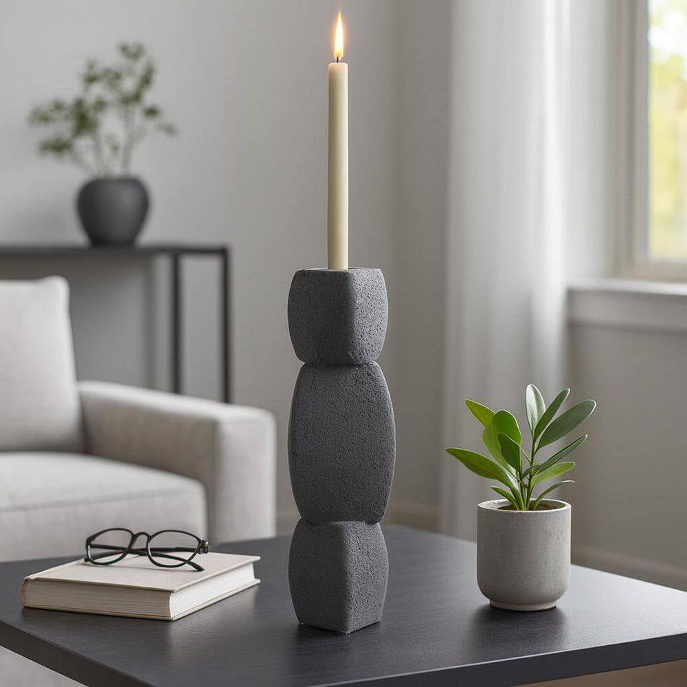 Black 12 In. Stoneware Stacked Taper Candle Holder with Sand Glaze