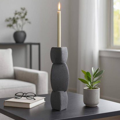 Black 12 In. Stoneware Stacked Taper Candle Holder with Sand Glaze