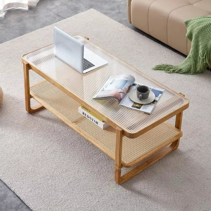 Wood Coffee Table for Living Room,Glass Top Coffee Table with Imitation Rattan Storage Shelf