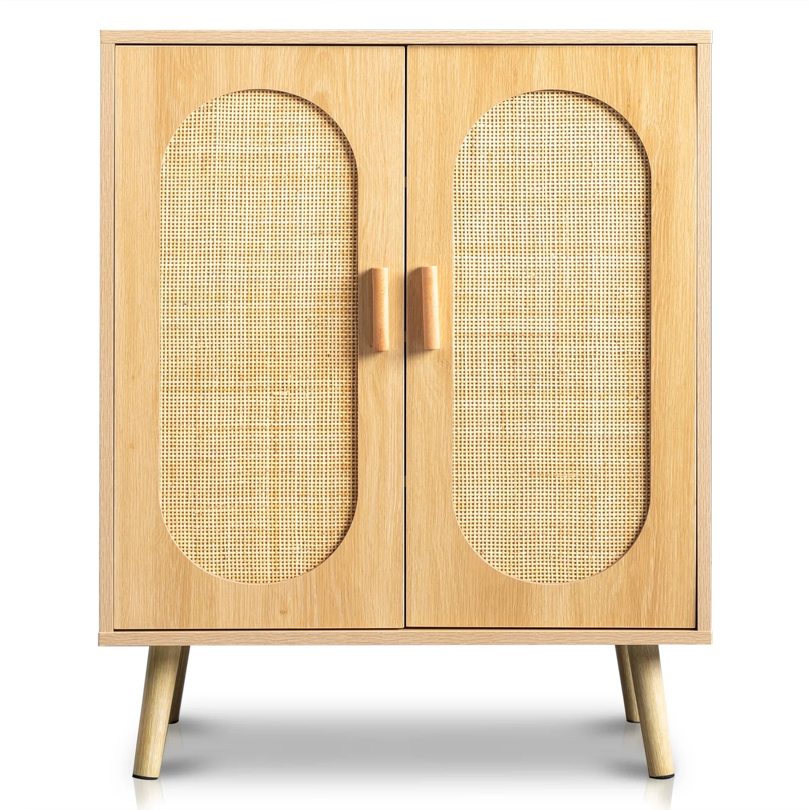 4 Tiers Shoe Storage Cabinet for Hallway, 2-Door 16 Pairs Rattan Shoe Rack Organizer W/ Adjustable Shelves, Natural