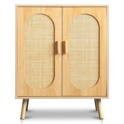 4 Tiers Shoe Storage Cabinet for Hallway, 2-Door 16 Pairs Rattan Shoe Rack Organizer W/ Adjustable Shelves, Natural