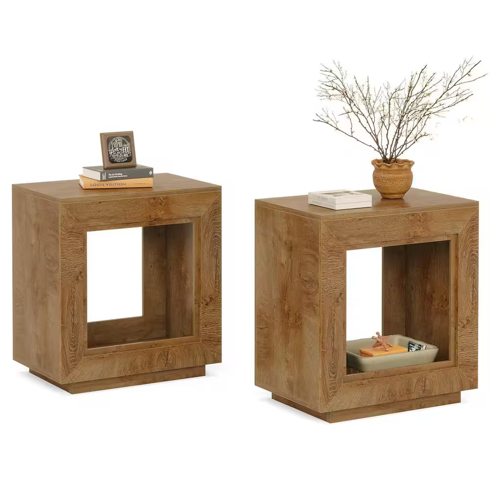 Kerlin 2-Piece 23.62 In. Brown Grain Rectangular Wood End Table, Farmhouse 2-Tiered Side Table for Living Room, Entrance