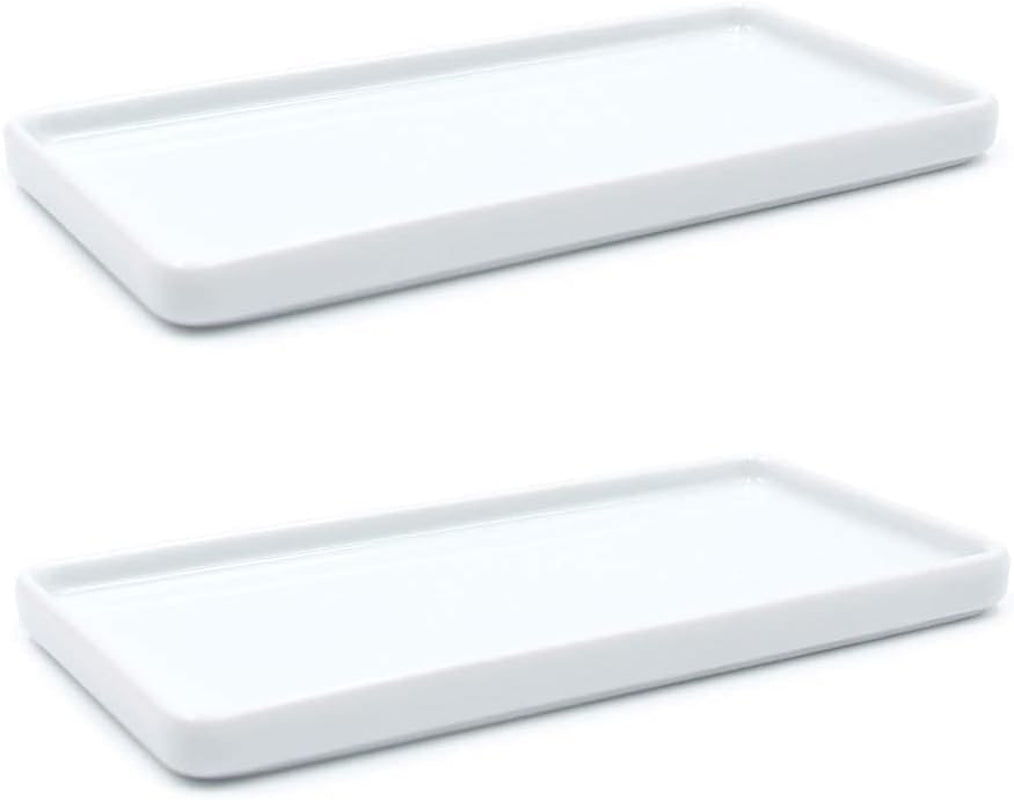 Ceramic Rectangular Vanity Tray Set - White Marble Organizer for Soap, Jewelry, Perfume, and Towels - Ideal for Bathroom, Kitchen, Sink, and Restroom Decor (Small, 2 Pack)