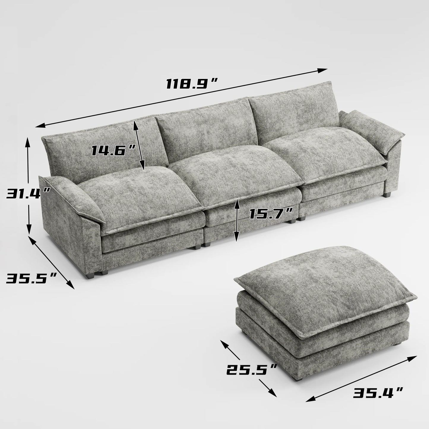 Sectional Sofa 3-Seat L-Shaped Sofa with Reversible Toffee Chair Movable Footrest Sofa,Gray