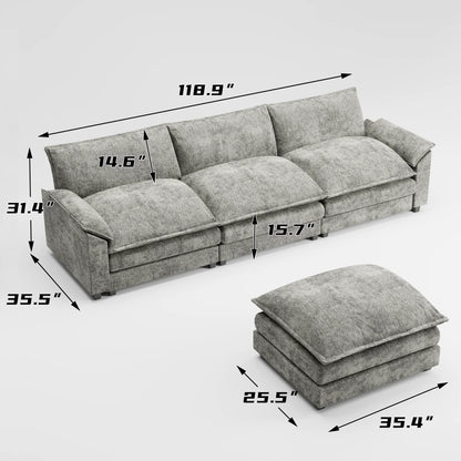 Sectional Sofa 3-Seat L-Shaped Sofa with Reversible Toffee Chair Movable Footrest Sofa,Gray