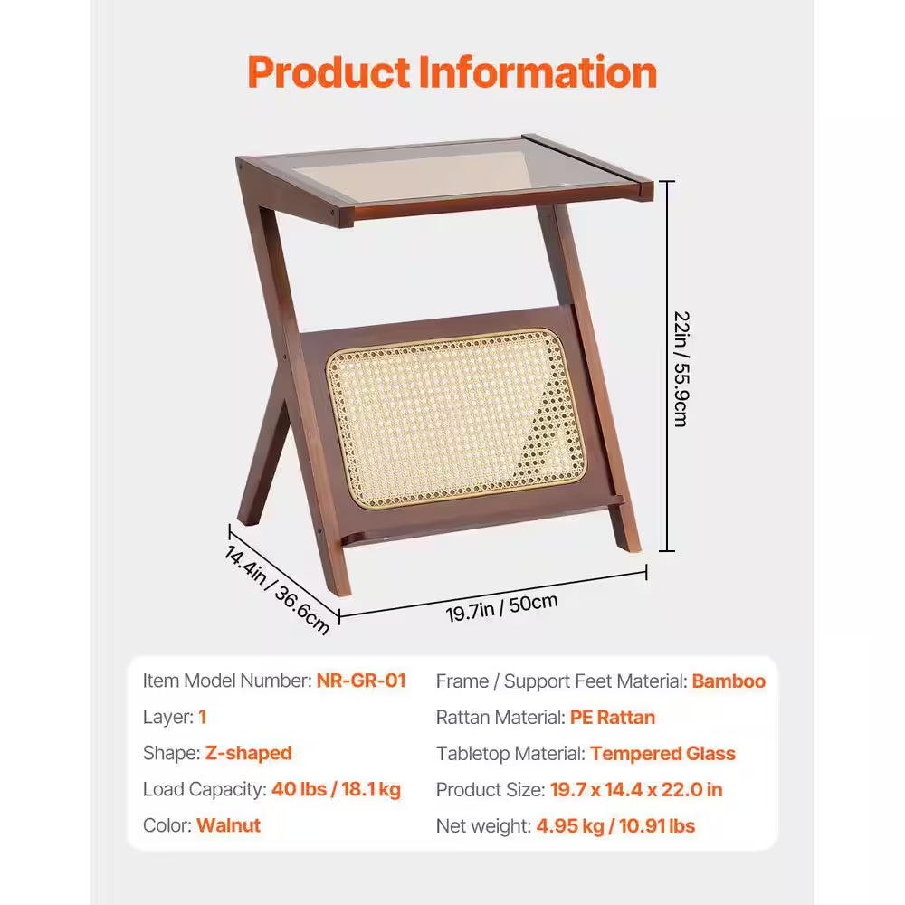 Rattan Coffee Table, Z-Shaped Rattan Woven Bamboo Coffee Table with Tempered Glass Top, 20 In. Storage Coffee Table